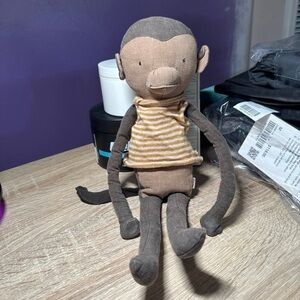 Plush Monkey Doll with Striped Shirt - Soft Brown & Beige